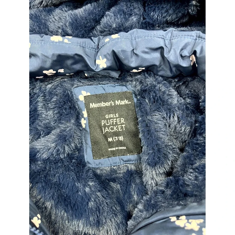 Member's Mark Puffer Jacket Girls M 7/8 Navy Blue Floral Faux Fur Hood Full Zip